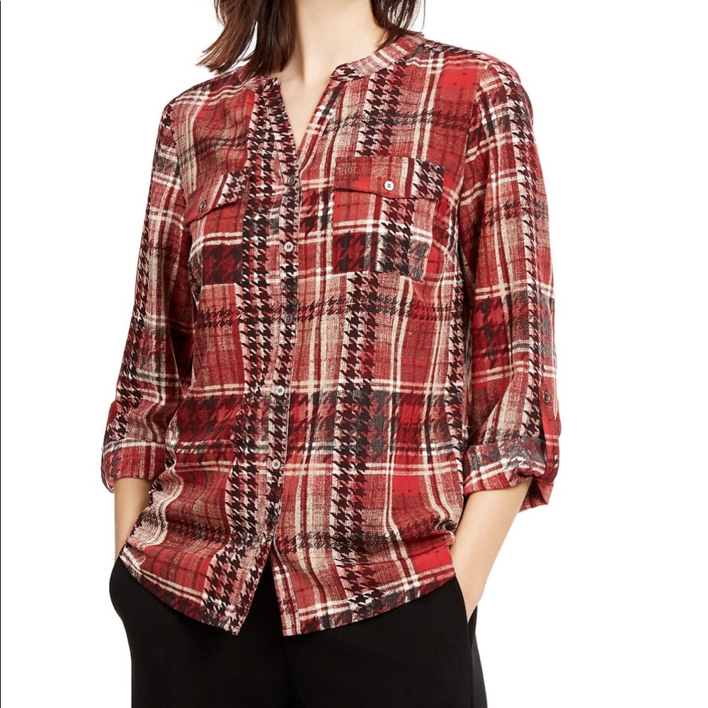 NY Collection Petite Plaid Collarless Shirt